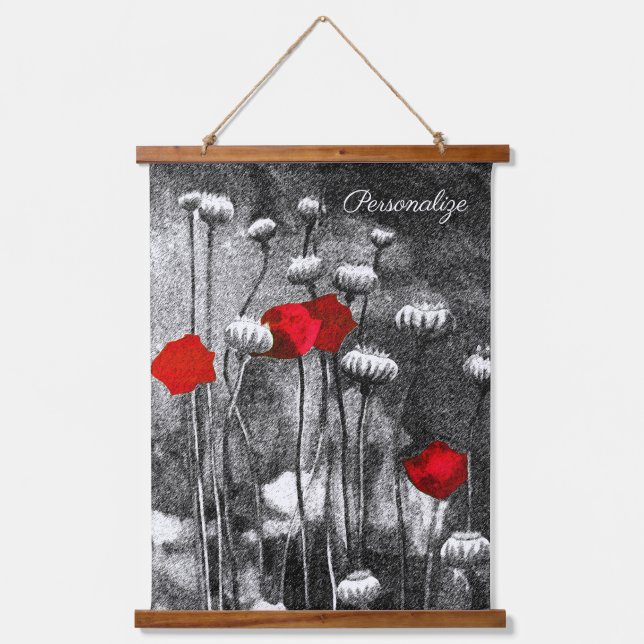 Schwarz-weiße Poppies Rote Blume Dunkle Blumenklas Wandteppich Mit Holzrahmen (Vorderseite)