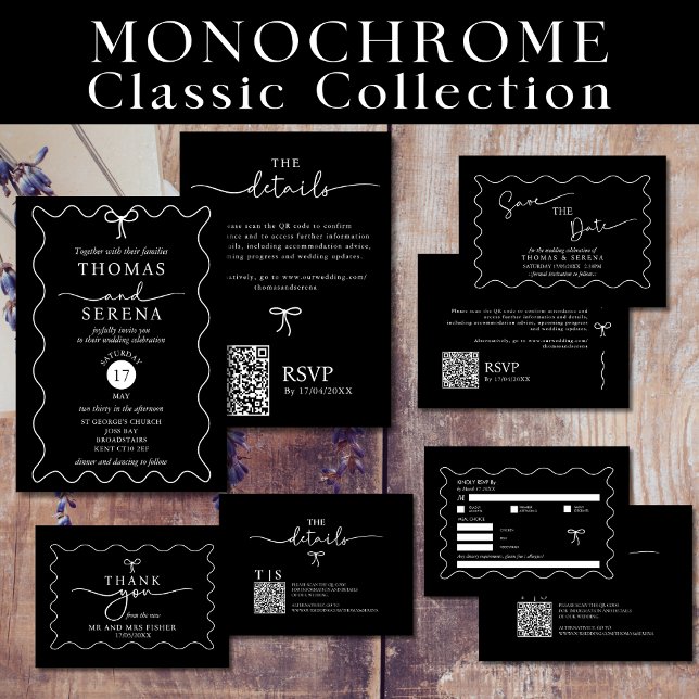 Schwarz-weiße QR Code Wave Curve Monochrome Hochze Einladung (Von Creator hochgeladen)