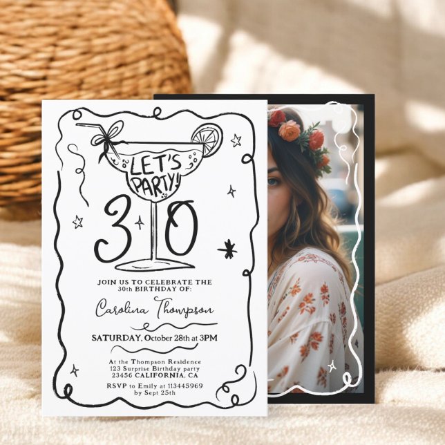 Schwarz-weiße raue Whimsikschriftstücke 30 Geburts Einladung (Black white quirky whimsical scribbles 30 birthday invitation)