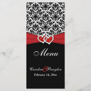 Schwarz-weiße Red Damask, Herz-Hochzeitmenü Menükarte