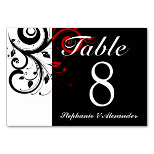 Schwarz-weiße Red Reverse Swirl Wedding Tischnumme Tischnummer