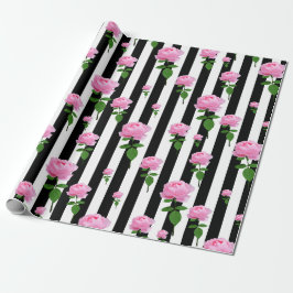 Schwarz-weiße Rosa Blume Streifen Linien Geschenkpapier