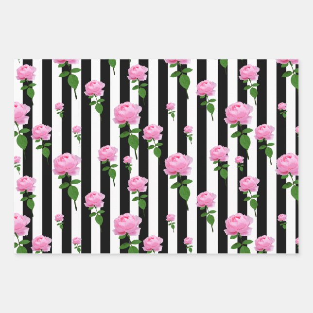 Schwarz-weiße Rosa Blume Streifen Linien Geschenkpapier Set (Vorderseite)