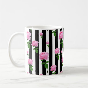 Schwarz-weiße Rosa Blume Streifen Linien Kaffeetasse