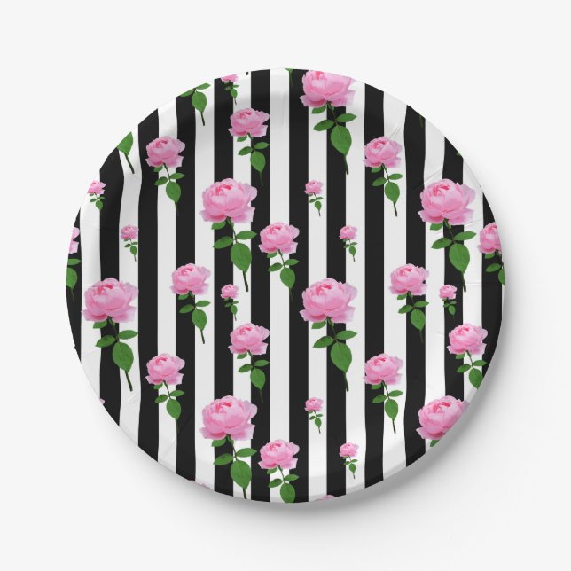 Schwarz-weiße Rosa Blume Streifen Linien Pappteller (Vorderseite)