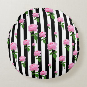 Schwarz-weiße Rosa Blume Streifen Linien Rundes Kissen