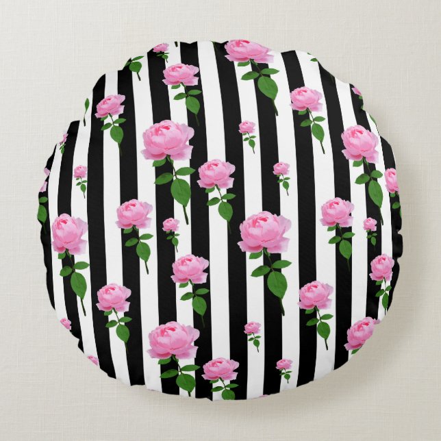 Schwarz-weiße Rosa Blume Streifen Linien Rundes Kissen (Vorderseite)