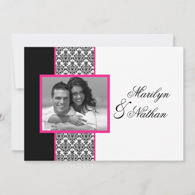 Schwarz-weiße rosa Damast-Foto-Hochzeit laden ein Einladung (Vorderseite)