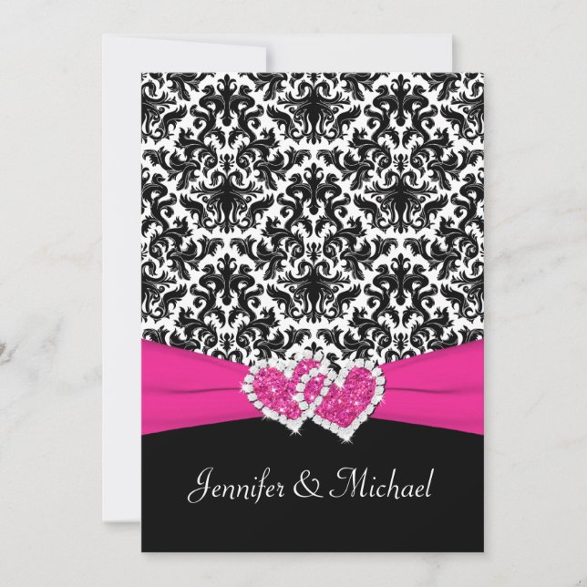Schwarz-weiße Rosa Damast Herz Hochzeit Einladung (Vorderseite)