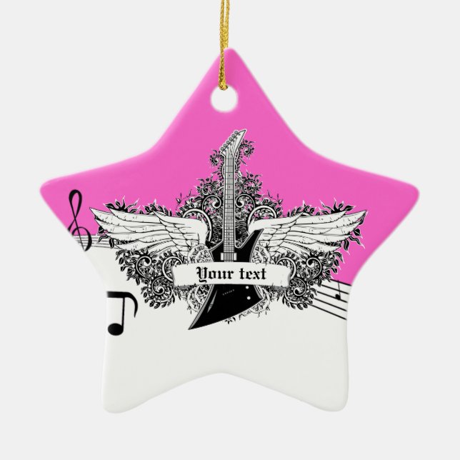 Schwarz-weiße rosa Gitarre mit Flügeln Keramik Ornament (Vorne)