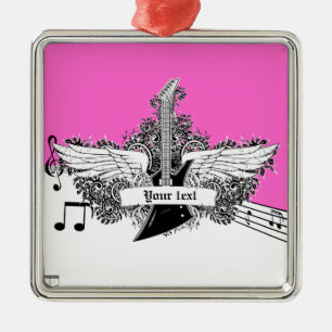 Schwarz-weiße rosa Gitarre mit Flügeln Ornament Aus Metall
