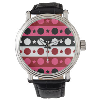 Schwarz-weiße rosa Kreissteine Streifen-Design Armbanduhr