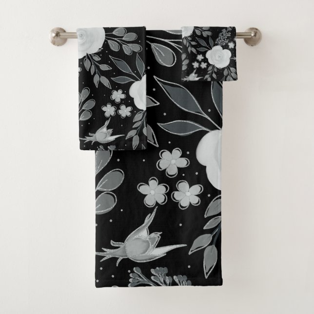 Schwarz-weiße Rose Aquarellmalerei Badhandtuch Set (Insitu)