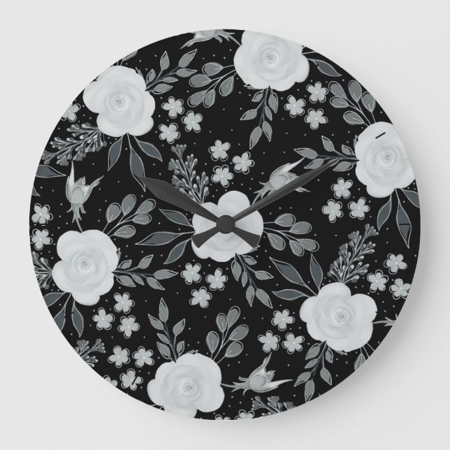 Schwarz-weiße Rose Aquarellmalerei Große Wanduhr (Vorderseite)