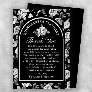 Schwarz-weiße Rose Blumenstrauch Quinceanera Dankeskarte