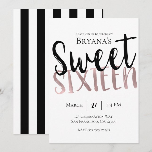 Schwarz-weiße Rose Gold Pink Sweet 16 SIXTEEN Part Einladung (Vorne/Hinten)