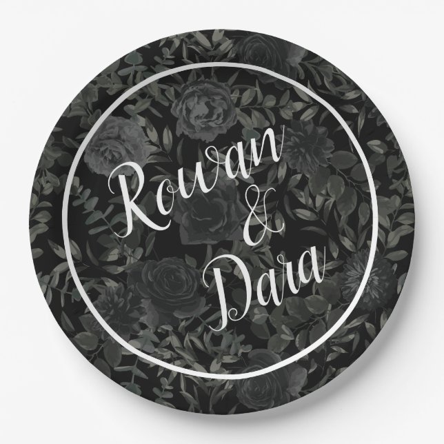 Schwarz-weiße Rose Gothic Wedding Pappteller (Vorderseite)