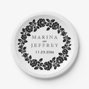 Schwarz-weiße Rose, moderne Blumenhochzeit Pappteller
