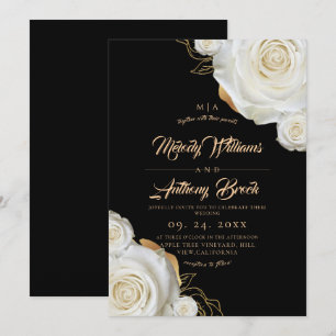 Schwarz Weiße Rose und Gold Elegante Florale Hochz Einladung