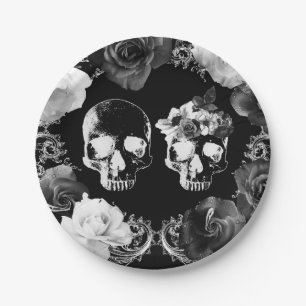 Schwarz Weiße Rosen Skelett Schädel Gothic Hochzei Pappteller