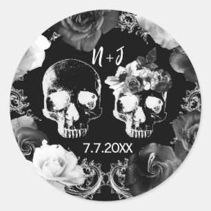 Schwarz Weiße Rosen Skelett Schädel Gothic Hochzei Runder Aufkleber