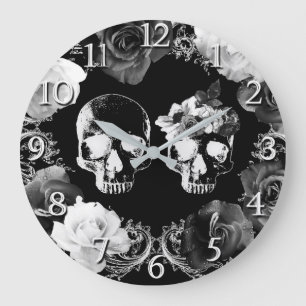 Schwarz Weiße Rosen Skelett Totenkopf Gothic Glamo Große Wanduhr