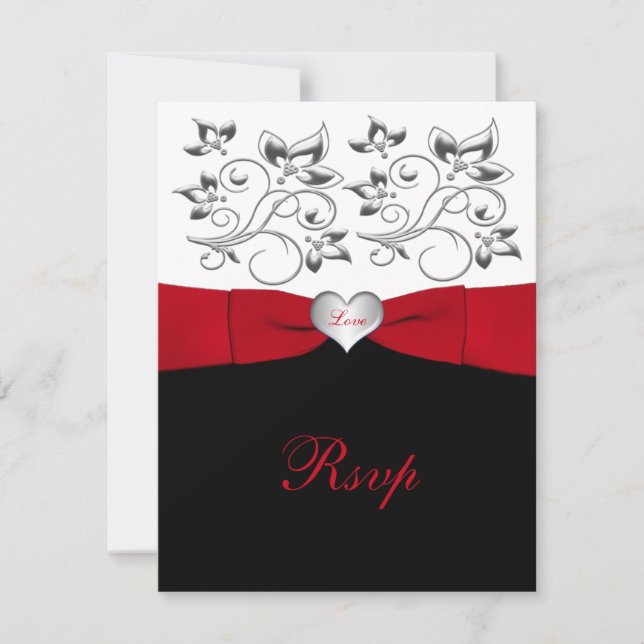 Schwarz-weiße Rot-DRUCKER-RIBBON-Floral-Antwortkar RSVP Karte (Vorderseite)