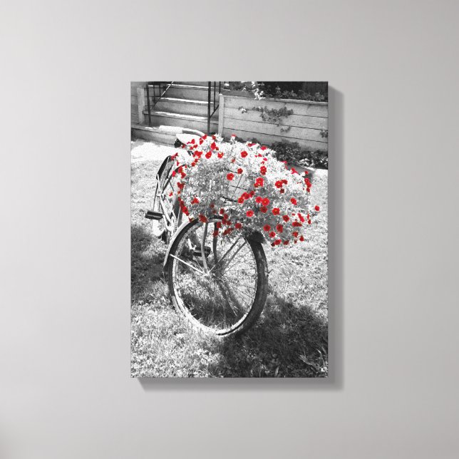 Schwarz-weiße Rote Blume Vintager Fahrradsommer Leinwanddruck (Vorderseite)