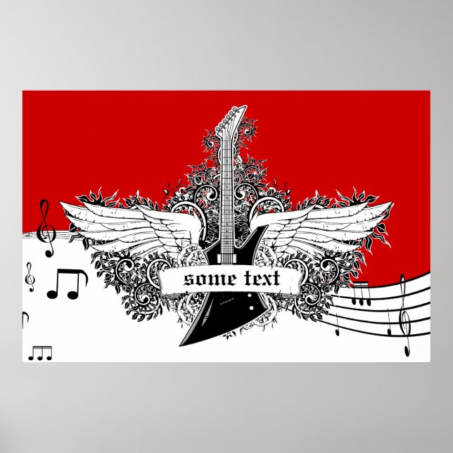 Schwarz-weiße rote Flügel mit elektrischer Gitarre Poster (Vorne)