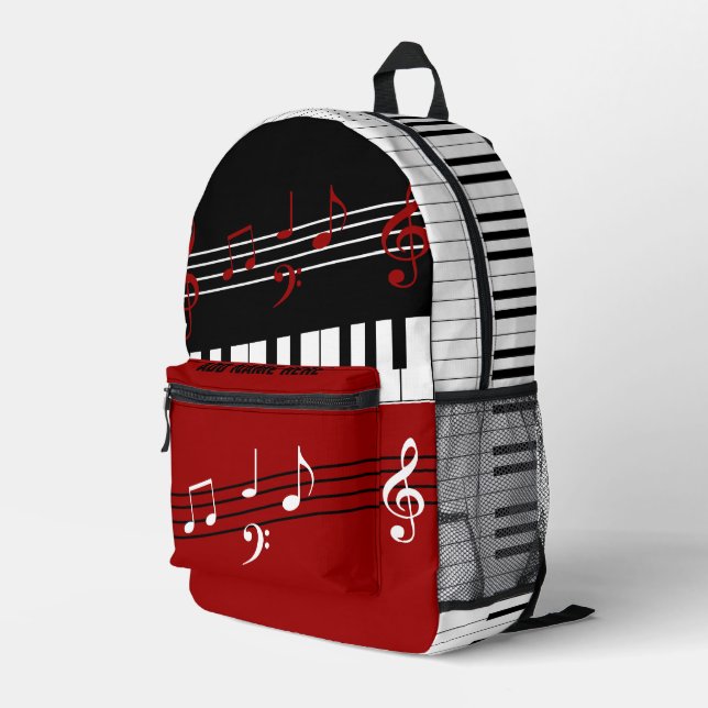 Schwarz-weiße Rote Klaviertasten und -notizen Bedruckter Rucksack (Rückseitige Ecke Rechts)