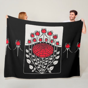 SCHWARZ-WEISSE ROTE ROSEN,ROSENKNOSPE Jugendstil Fleecedecke