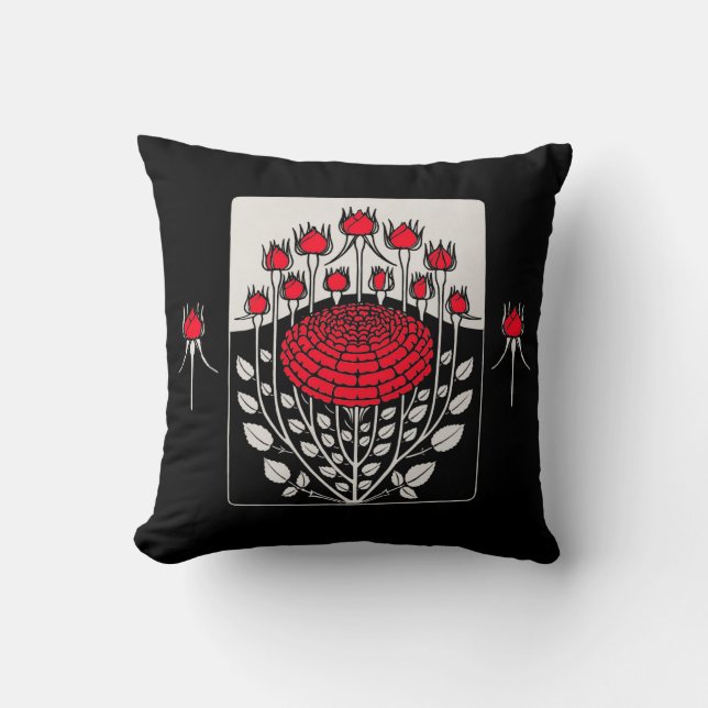 SCHWARZ-WEISSE ROTE ROSEN,ROSENKNOSPE Jugendstil Kissen (Vorderseite)