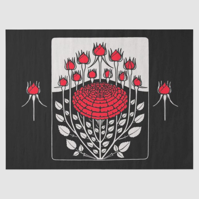 SCHWARZ-WEISSE ROTE ROSEN,ROSENKNOSPE Jugendstil Seidenpapier (Vorderseite)