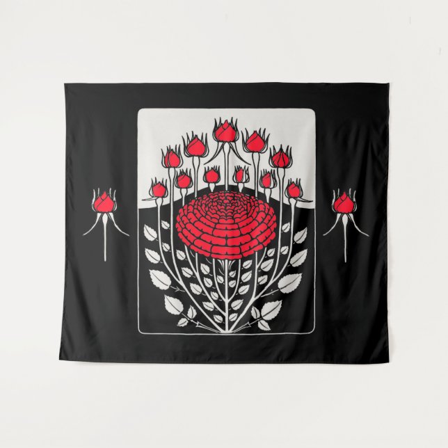 SCHWARZ-WEISSE ROTE ROSEN,ROSENKNOSPE Jugendstil Wandteppich (Vorderseite (Horizontal))