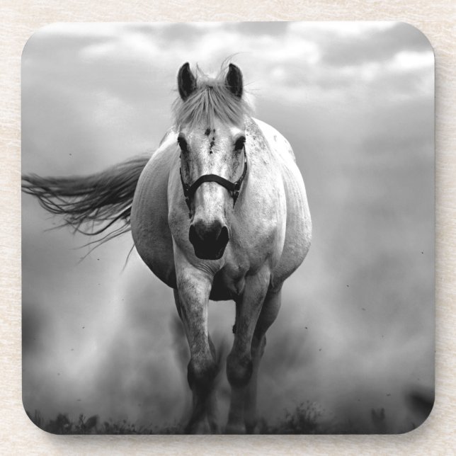 Schwarz-weiße Running Horse Freedom Getränkeuntersetzer (Vorderseite)