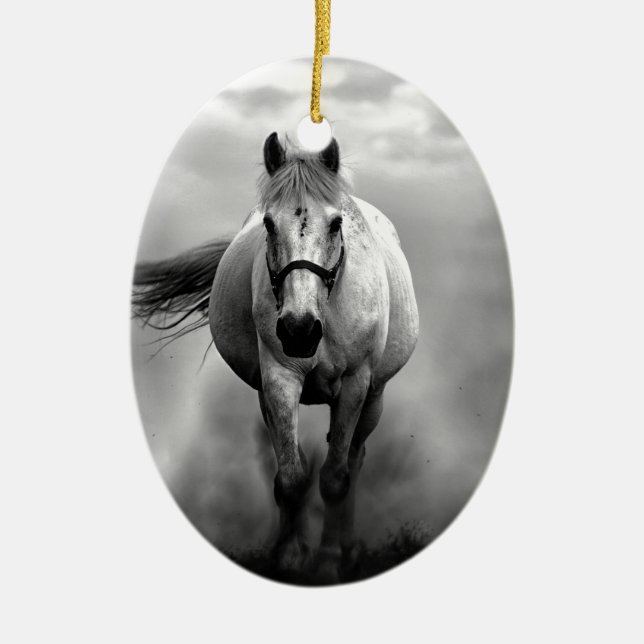 Schwarz-weiße Running Horse Freedom Keramik Ornament (Vorne)