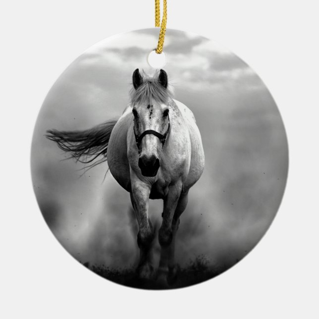 Schwarz-weiße Running Horse Freedom Keramikornament (Vorne)