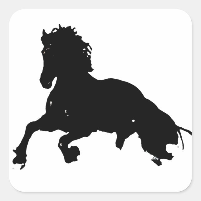 Schwarz-weiße Running Horse-Silhouette Quadratischer Aufkleber (Vorderseite)