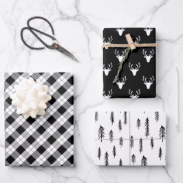 Schwarz-weiße, rustikale Muster für Hirschholz Kar Geschenkpapier Set