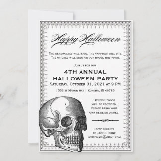 Schwarz-weiße Schädel-Vintage-Halloween-Einladung Einladung