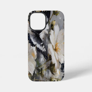 Schwarz-Weiße Schmetterlinge auf weißen Blumen, iPhone 12 Mini Hülle