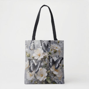 Schwarz-Weiße Schmetterlinge auf weißen Blumen, Tasche