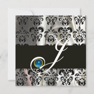 SCHWARZ WEIßE SEIDEN-DAMAST-MONOGRAMM BLAUER SAPPH EINLADUNG