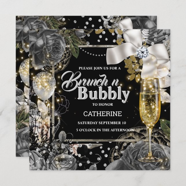 Schwarz-weiße Shabby Chic-Glitzer-Rose Einladung (Vorne/Hinten)