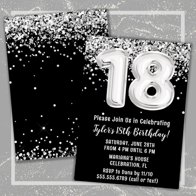 Schwarz-weiße Silver 18. Geburtstagsparty Einladung (Black and White 18th Birthday Party Invitation)