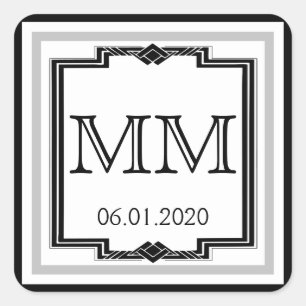 Schwarz-weiße Silver Art Deco Frame Monogram Aufkl Quadratischer Aufkleber