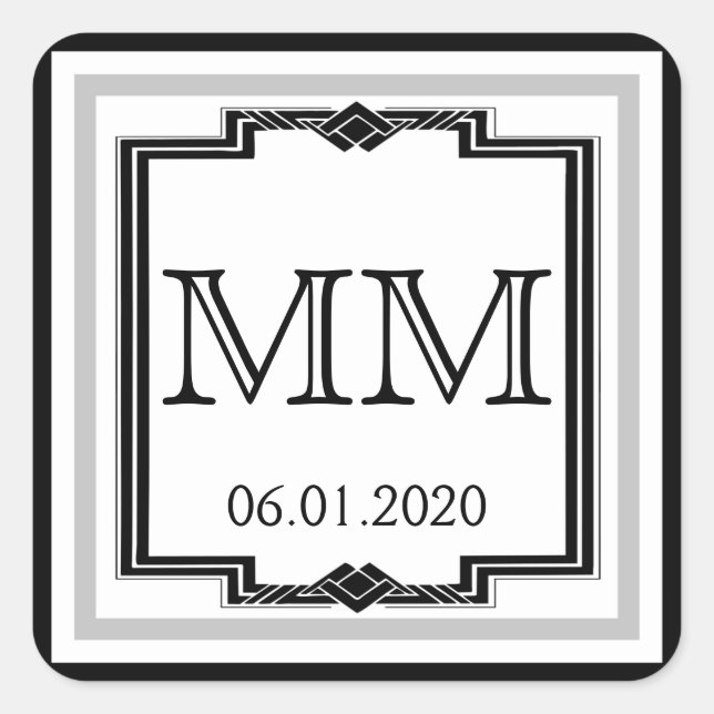 Schwarz-weiße Silver Art Deco Frame Monogram Aufkl Quadratischer Aufkleber (Vorderseite)