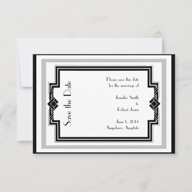 Schwarz-weiße Silver Art Deco Rahmen Save the Date (Vorderseite)