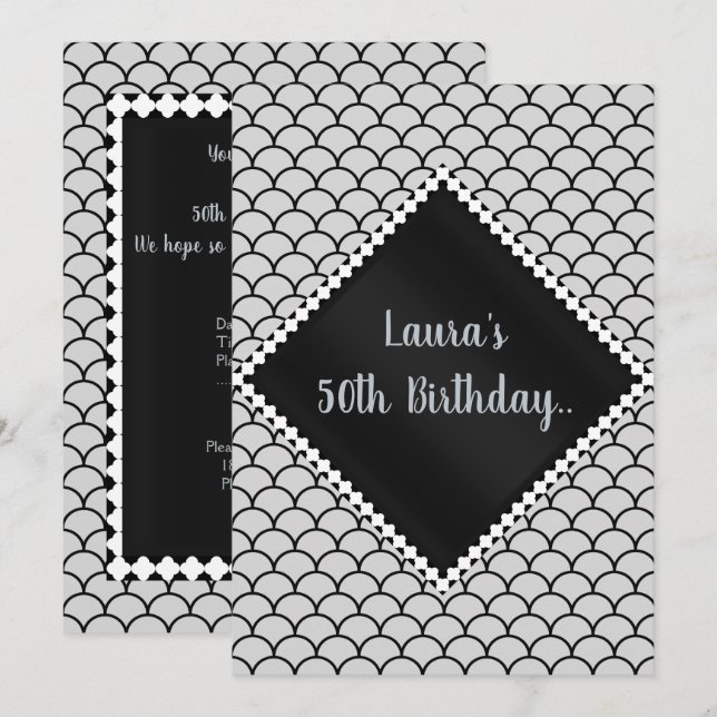 Schwarz-weiße Silver Geometric Print All Occassion Einladung (Vorne/Hinten)