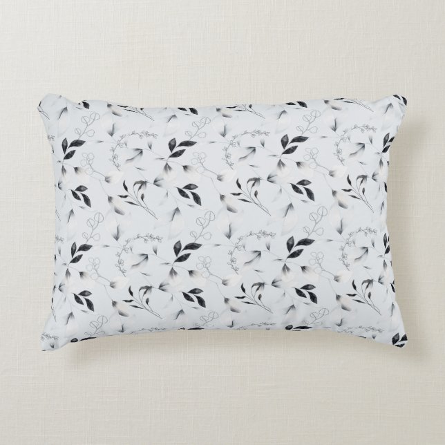 Schwarz-weiße Silver Gray Floral Blätter Dekokissen (Vorderseite)